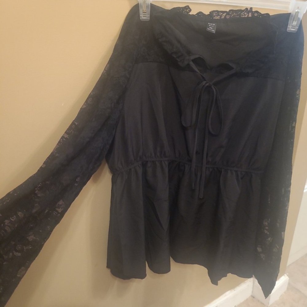 Shein Curve 4X Lace Sleeve Tie Front Peasant Blouse NEW